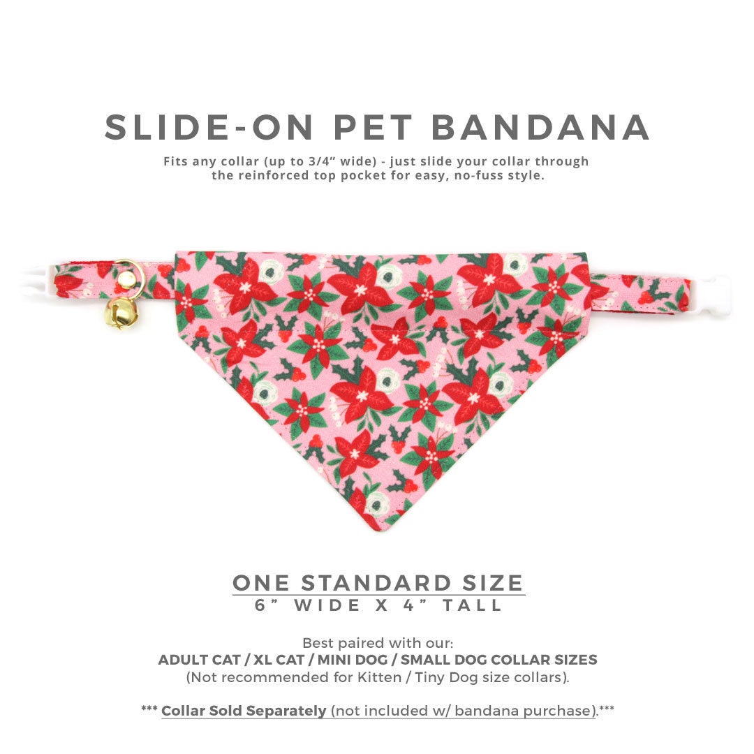 Pet Bandana - "Winter Blooms - Pink" - Poinsettia Bandana for Cat + Small Dog / Christmas Floral / Slide-on Bandana / Over-the-Collar (One Size)
