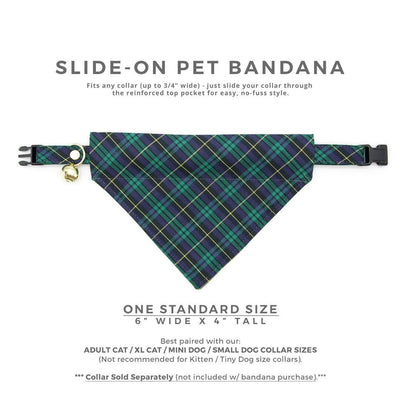 Pet Bandana - "Hunter" - Dark Green Tartan Plaid Bandana for Cat + Small Dog / Holiday + Christmas / Slide-on Bandana / Over-the-Collar (One Size)