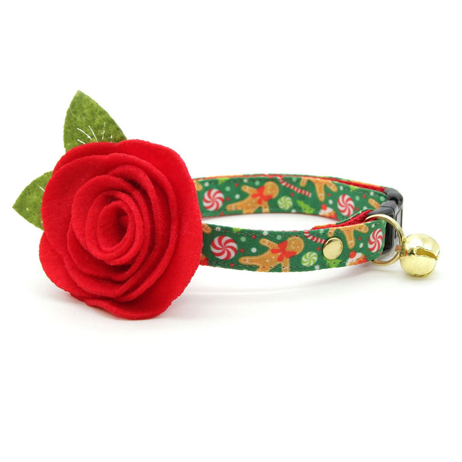 Cat Collar + Flower Set - "Christmas Treats - Green" - Gingerbread Cat Collar w/ Scarlet Red Felt Flower (Detachable)