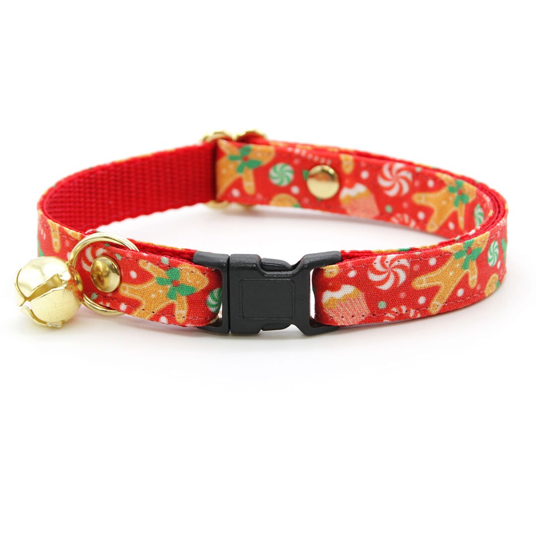 Cat Collar + Flower Set - "Christmas Treats - Red" - Gingerbread Cat Collar w/ Scarlet Red Felt Flower (Detachable)