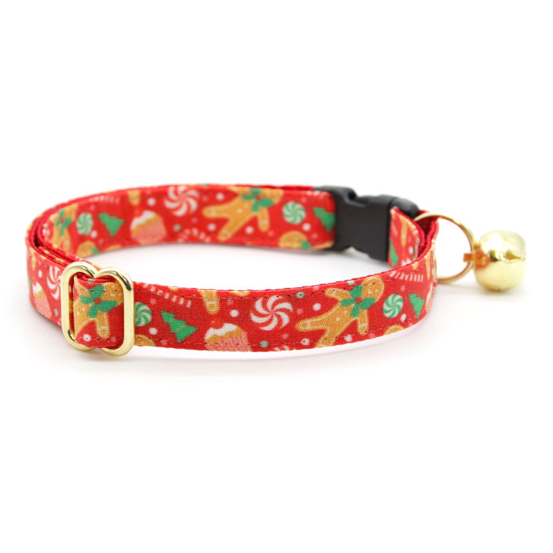 Cat Collar + Flower Set - "Christmas Treats - Red" - Gingerbread Cat Collar w/ Scarlet Red Felt Flower (Detachable)