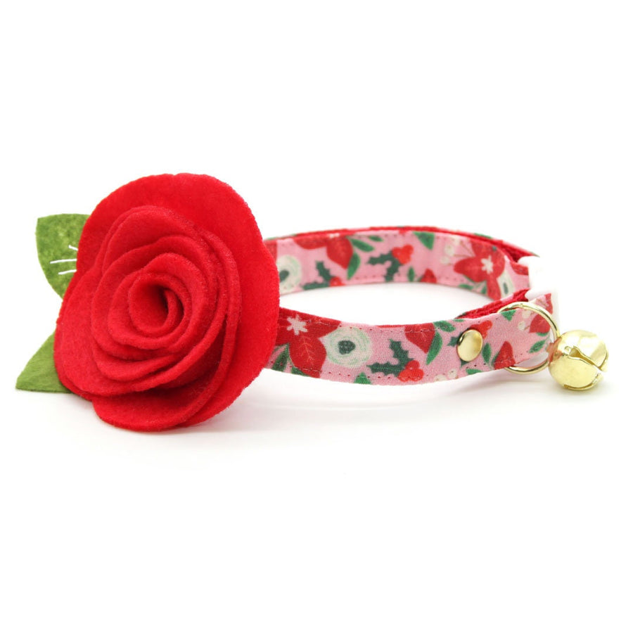 Cat Collar + Flower Set - "Winter Blooms - Pink" - Holiday Floral Poinsettia Cat Collar w/ Scarlet Red Felt Flower (Detachable)
