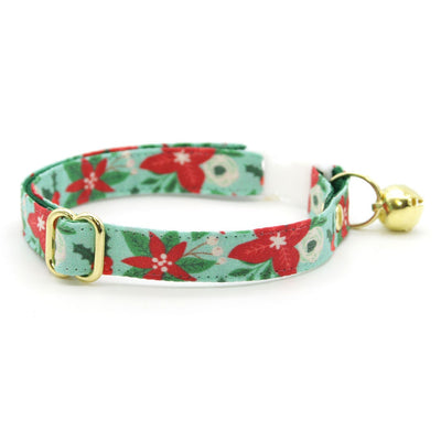 Cat Collar + Flower Set - "Winter Blooms - Mint" - Holiday Floral Poinsettia Cat Collar w/ Scarlet Red Felt Flower (Detachable)
