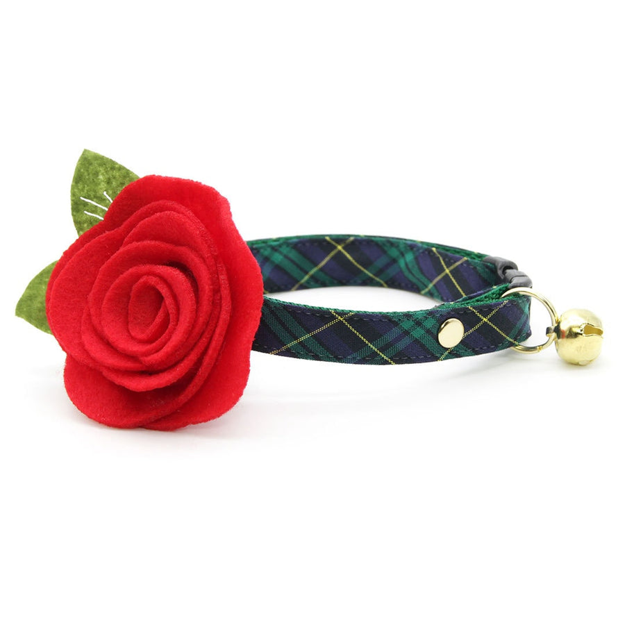 Cat Collar + Flower Set - "Hunter" - Holiday Green Tartan Plaid Cat Collar w/ Scarlet Red Felt Flower (Detachable)