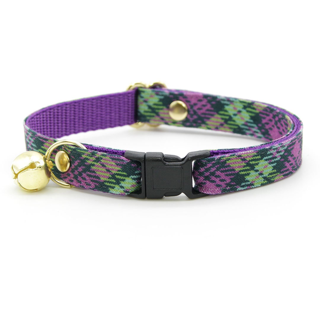 Cat Collar + Flower Set - "Morgan Le Fey" - Purple Plaid Cat Collar w/ Plum Felt Flower (Detachable)