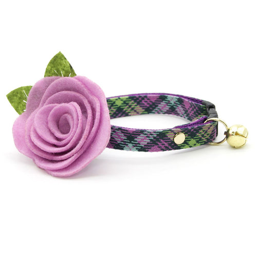 Cat Collar + Flower Set - "Morgan Le Fey" - Purple Plaid Cat Collar w/ Lavender Felt Flower (Detachable)