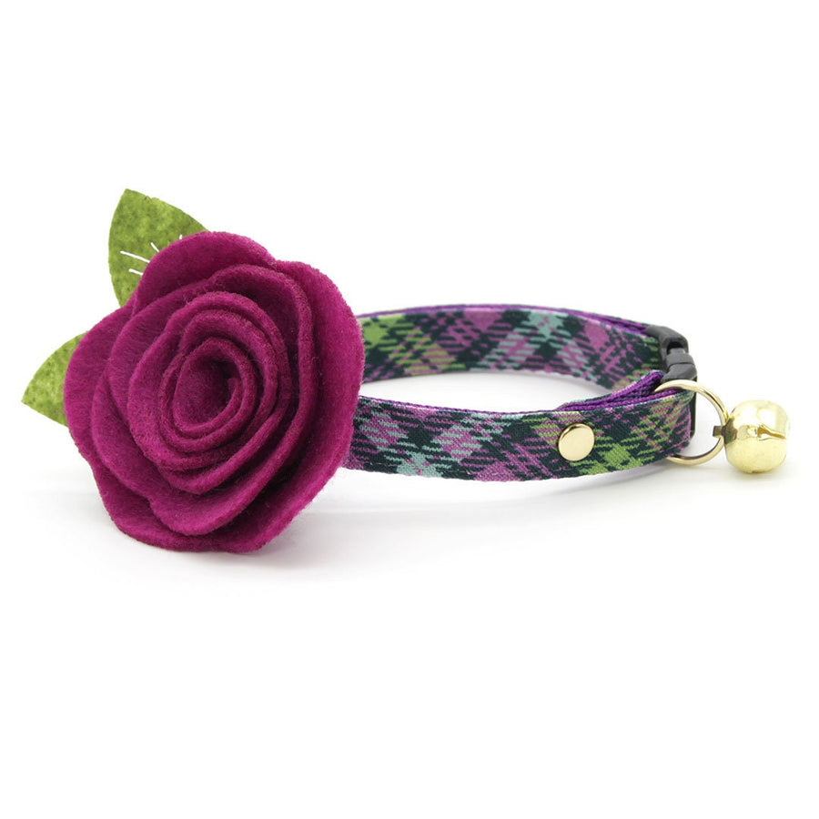 Cat Collar + Flower Set - "Morgan Le Fey" - Purple Plaid Cat Collar w/ Plum Felt Flower (Detachable)