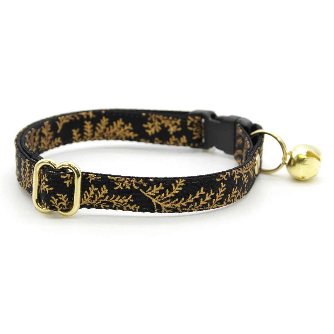 Cat Collar + Flower Set - "Black Forest" - Gold & Black Cat Collar w/ Ivory Felt Flower (Detachable)