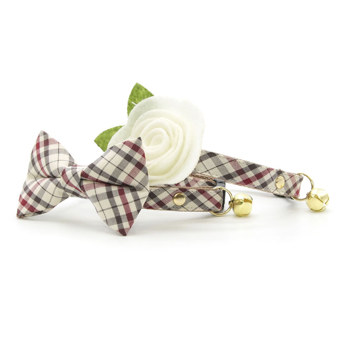 Cat Collar + Flower Set - "Newberry" - Beige Tan Plaid Cat Collar w/ Ivory Felt Flower (Detachable)