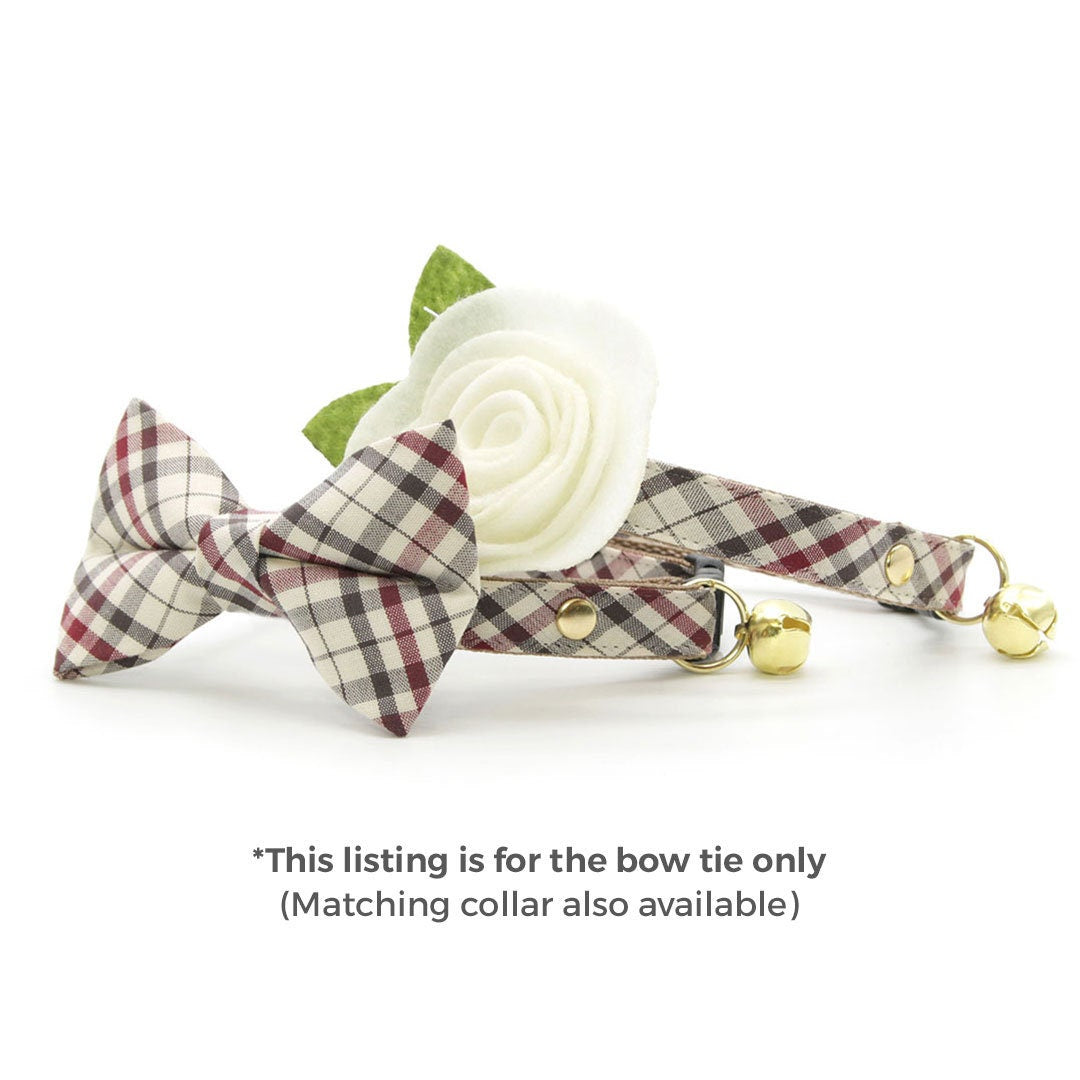 Pet Bow Tie - "Newberry" - Beige Tan Plaid Cat Bow Tie / For Cats + Small Dogs (One Size)