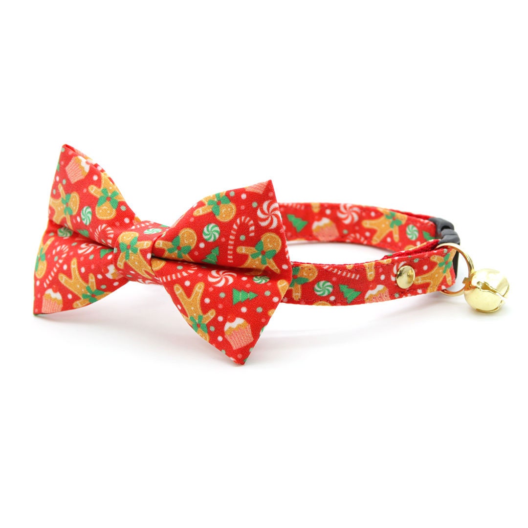 Bow Tie Cat Collar Set - "Christmas Treats - Red" - Gingerbread Holiday Cat Collar w/ Matching Bowtie / Cat, Kitten, Small Dog Sizes