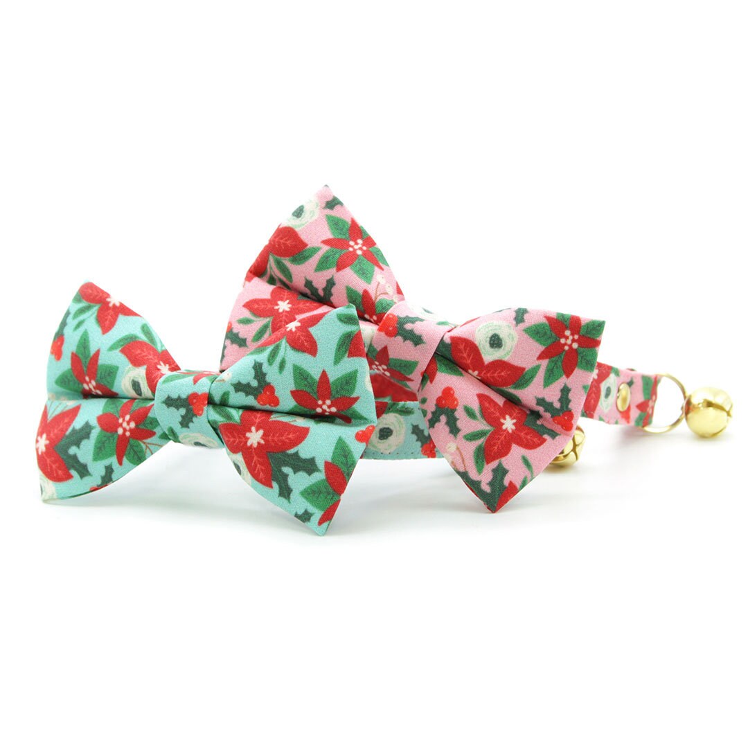 Bow Tie Cat Collar Set - "Winter Blooms - Pink" - Christmas Floral Cat Collar w/ Matching Bowtie / Holiday / Cat, Kitten, Small Dog Sizes