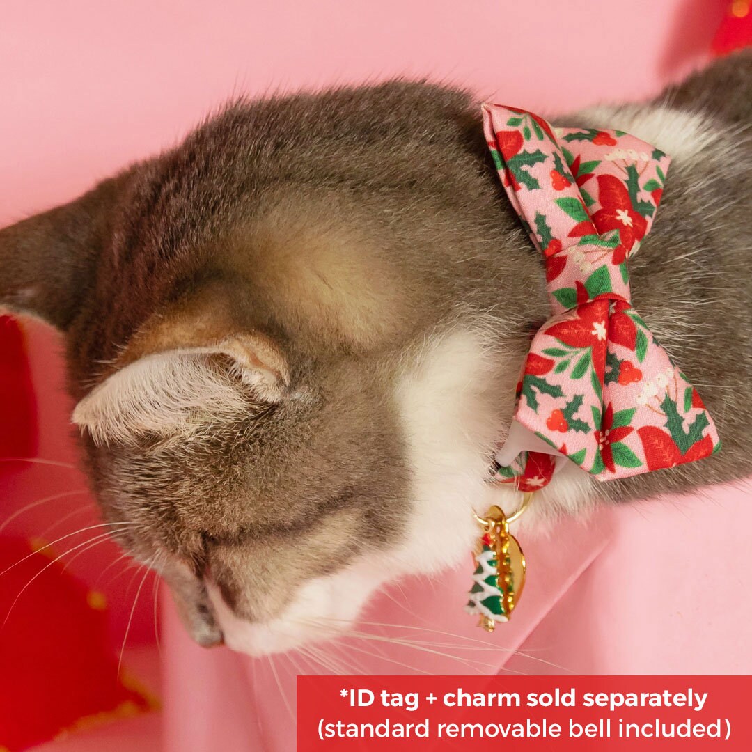 Bow Tie Cat Collar Set - "Winter Blooms - Pink" - Christmas Floral Cat Collar w/ Matching Bowtie / Holiday / Cat, Kitten, Small Dog Sizes