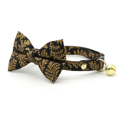 Bow Tie Cat Collar Set - "Black Forest" - Gold & Black Cat Collar w/ Matching Bowtie / Christmas, Winter, Wedding / Cat, Kitten, Small Dog Sizes