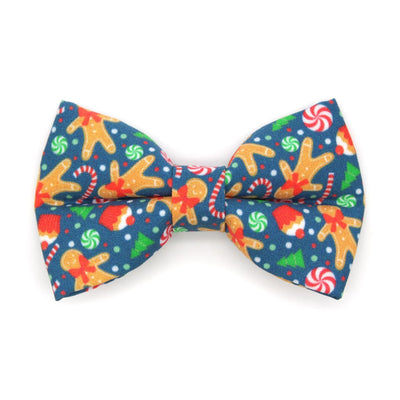 Pet Bow Tie - "Christmas Treats - Blue" - Holiday Gingerbread Cat Bow Tie / For Cats + Small Dogs (One Size)
