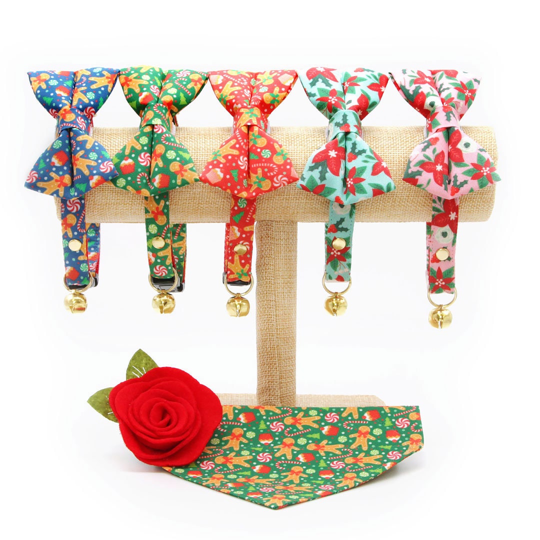 Pet Bow Tie - "Christmas Treats - Green" - Holiday Gingerbread Cat Bow Tie / For Cats + Small Dogs (One Size)