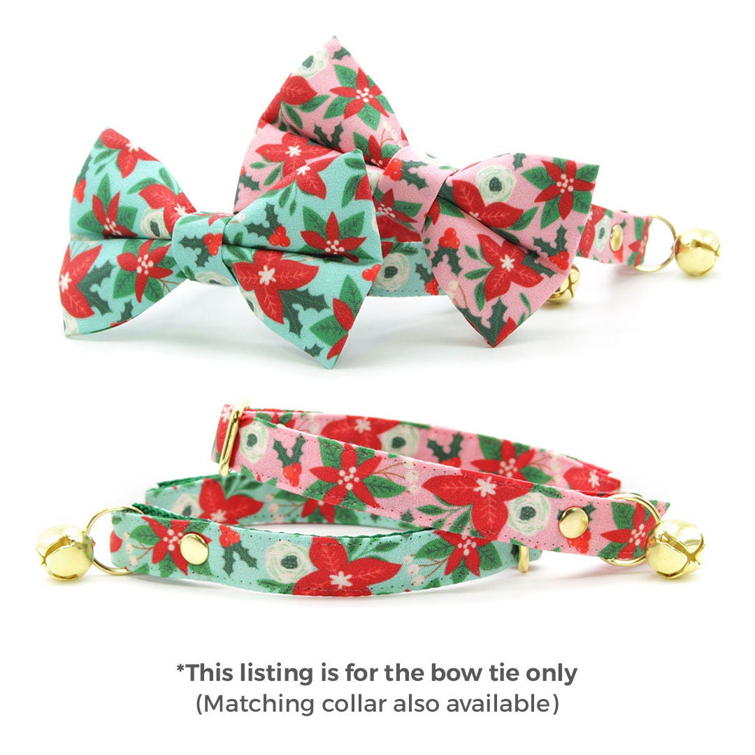 Pet Bow Tie - "Winter Blooms - Pink" - Christmas Poinsettia Cat Bow Tie / Holiday Floral / For Cats + Small Dogs (One Size)