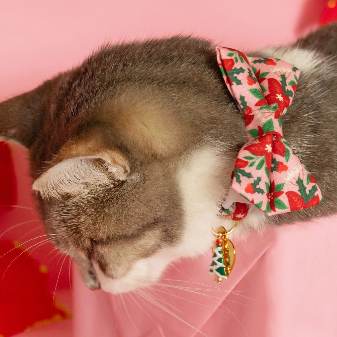 Pet Bow Tie - "Winter Blooms - Pink" - Christmas Poinsettia Cat Bow Tie / Holiday Floral / For Cats + Small Dogs (One Size)