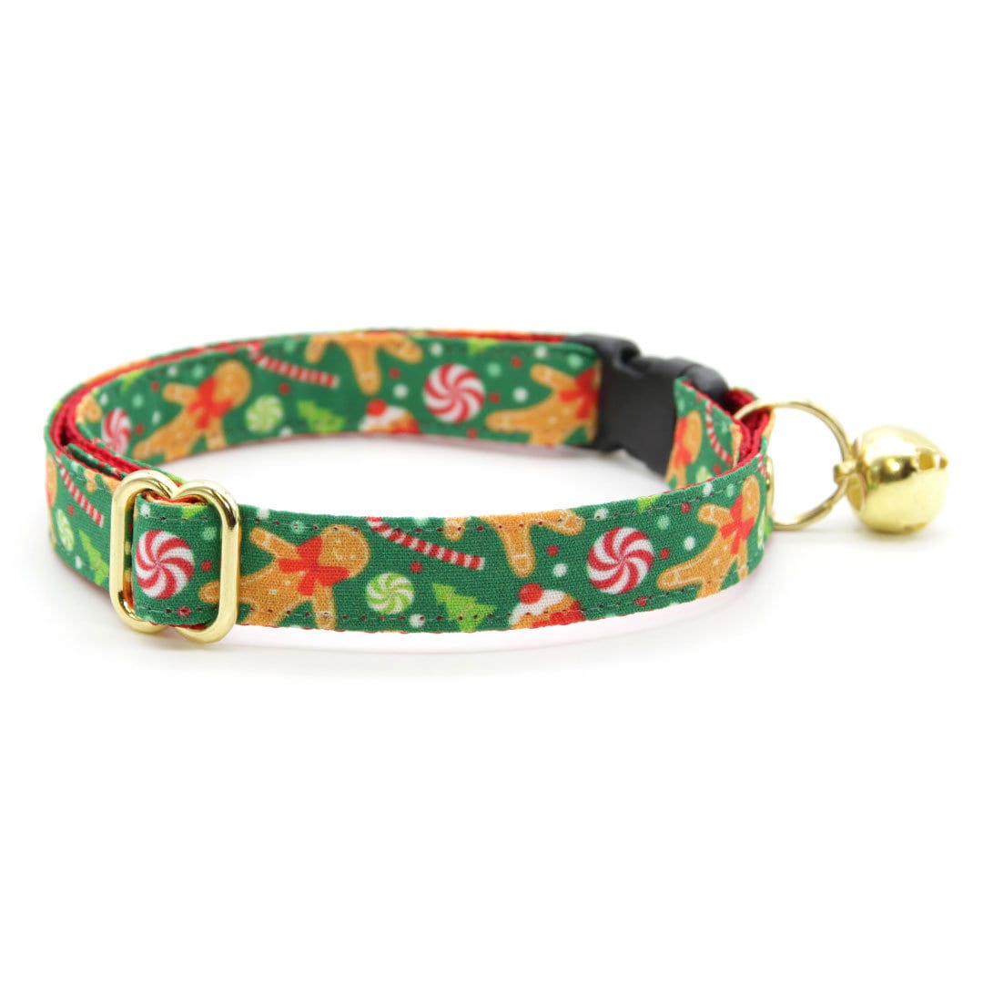 Cat Collar - "Christmas Treats - Green" - Gingerbread Cat Collar / Breakaway Buckle or Non-Breakaway / Cat, Kitten + Small Dog Sizes