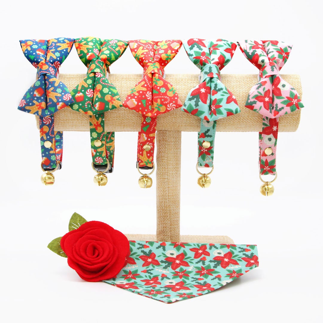 Cat Collar - "Winter Blooms - Pink" - Christmas Poinsettia Cat Collar / Holiday Floral / Breakaway Buckle or Non-Breakaway / Cat, Kitten + Small Dog Sizes