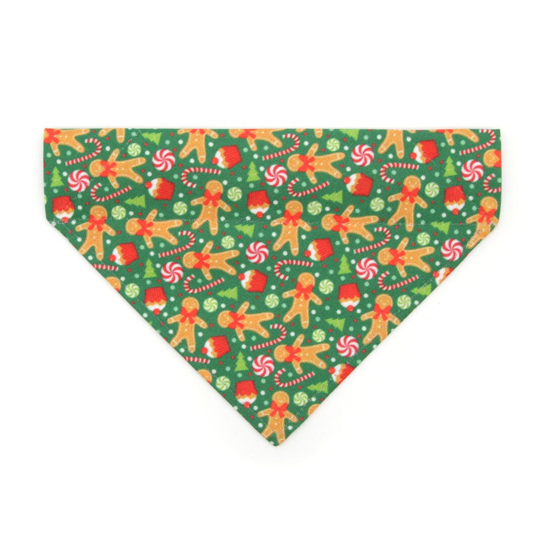Pet Bandana - "Christmas Treats - Green" - Holiday Gingerbread Bandana for Cat + Small Dog / Slide-on Bandana / Over-the-Collar (One Size)