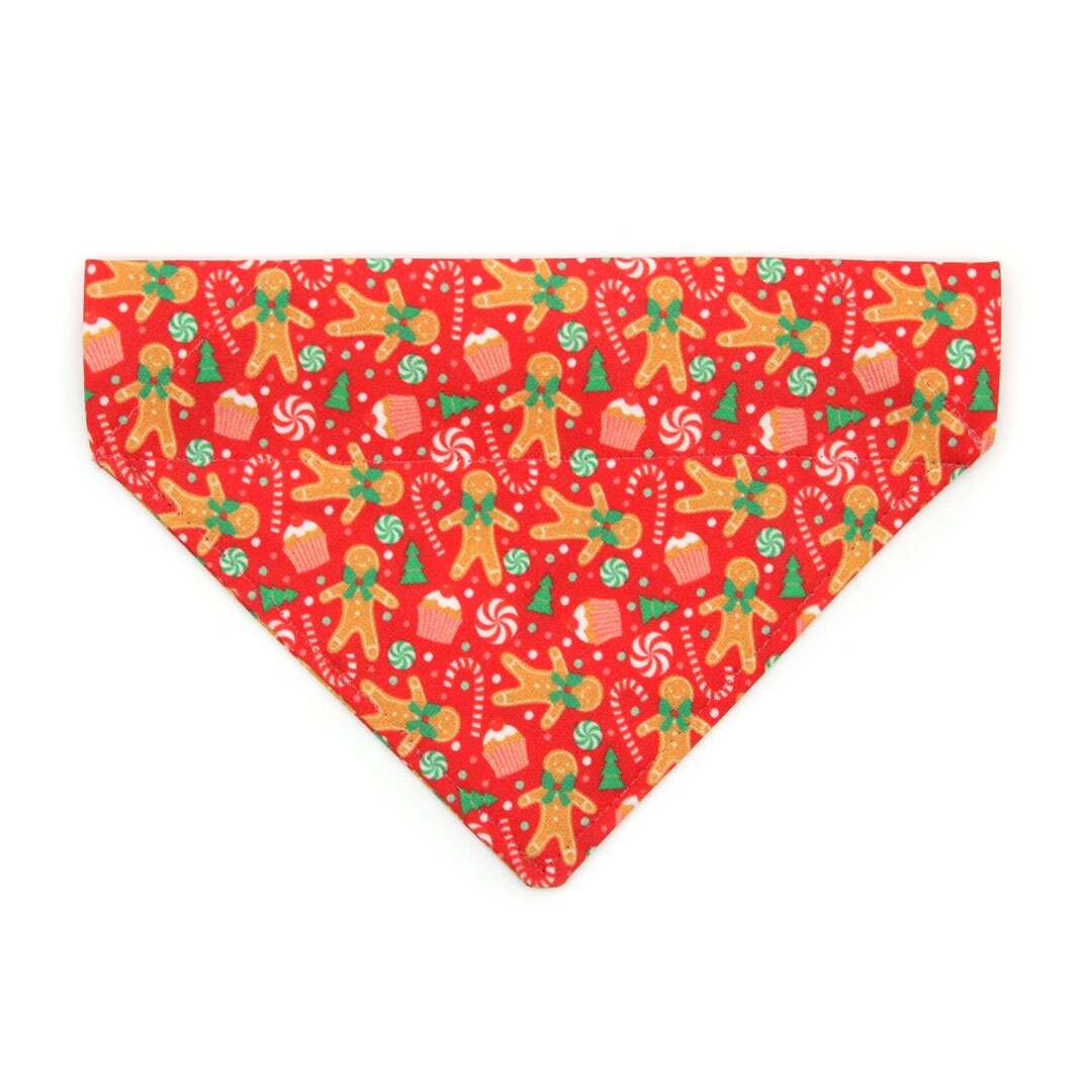 Pet Bandana - "Christmas Treats - Red" - Holiday Gingerbread Bandana for Cat + Small Dog / Slide-on Bandana / Over-the-Collar (One Size)