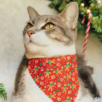 Pet Bandana - "Christmas Treats - Red" - Holiday Gingerbread Bandana for Cat + Small Dog / Slide-on Bandana / Over-the-Collar (One Size)
