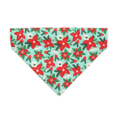 Pet Bandana - "Winter Blooms - Mint" - Holiday Poinsettia Bandana for Cat + Small Dog / Christmas Floral / Slide-on Bandana / Over-the-Collar (One Size)