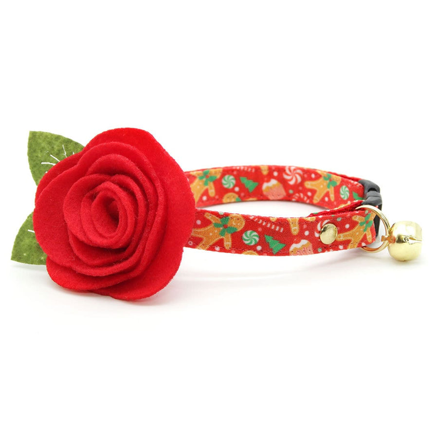 Cat Collar + Flower Set - "Christmas Treats - Red" - Gingerbread Cat Collar w/ Scarlet Red Felt Flower (Detachable)