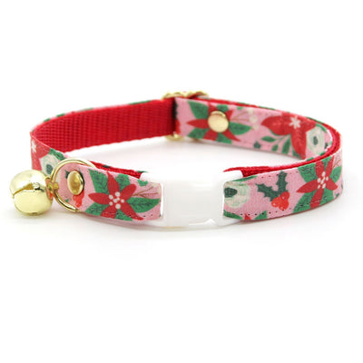 Cat Collar + Flower Set - "Winter Blooms - Pink" - Holiday Floral Poinsettia Cat Collar w/ Scarlet Red Felt Flower (Detachable)