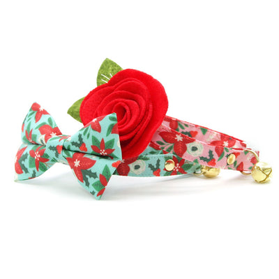 Cat Collar + Flower Set - "Winter Blooms - Pink" - Holiday Floral Poinsettia Cat Collar w/ Scarlet Red Felt Flower (Detachable)
