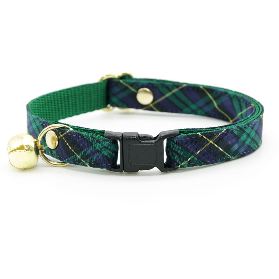 Cat Collar + Flower Set - "Hunter" - Holiday Green Tartan Plaid Cat Collar w/ Scarlet Red Felt Flower (Detachable)