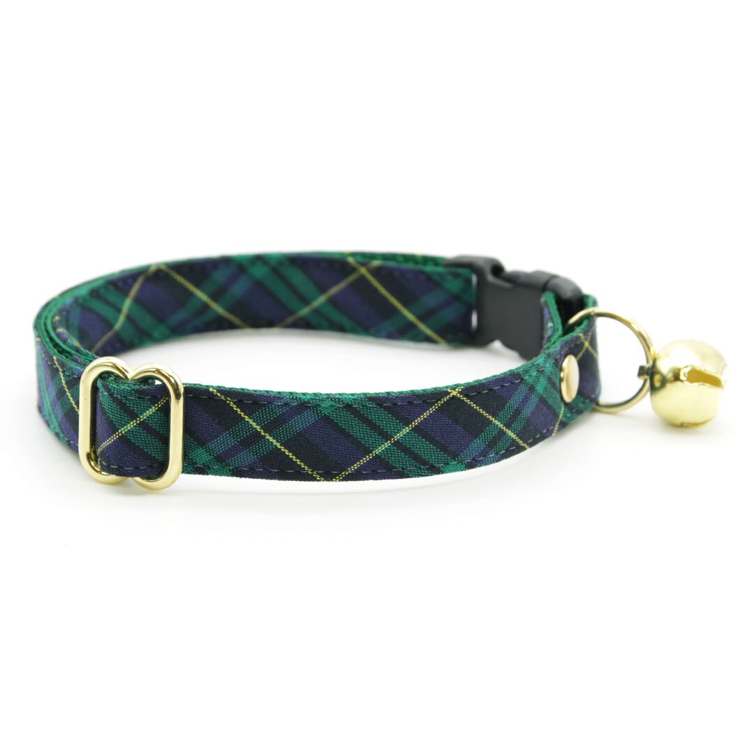 Cat Collar + Flower Set - "Hunter" - Holiday Green Tartan Plaid Cat Collar w/ Clover Green Felt Flower (Detachable)