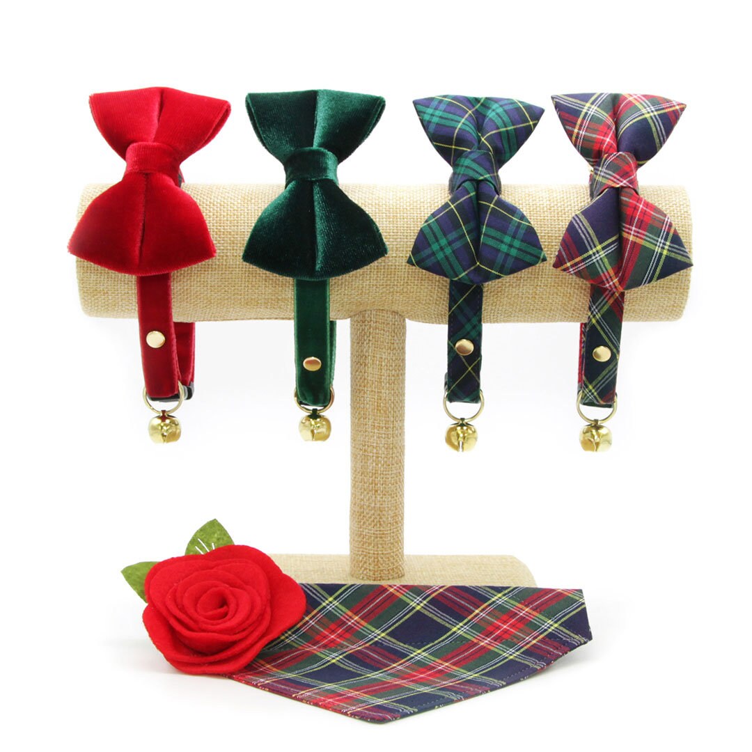 Cat Collar + Flower Set - "Hunter" - Holiday Green Tartan Plaid Cat Collar w/ Scarlet Red Felt Flower (Detachable)
