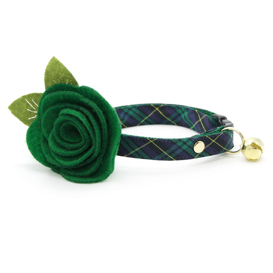 Cat Collar + Flower Set - "Hunter" - Holiday Green Tartan Plaid Cat Collar w/ Clover Green Felt Flower (Detachable)