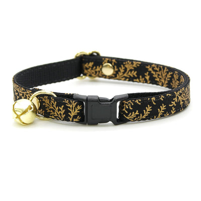 Cat Collar + Flower Set - "Black Forest" - Gold & Black Cat Collar w/ Mustard Felt Flower (Detachable)