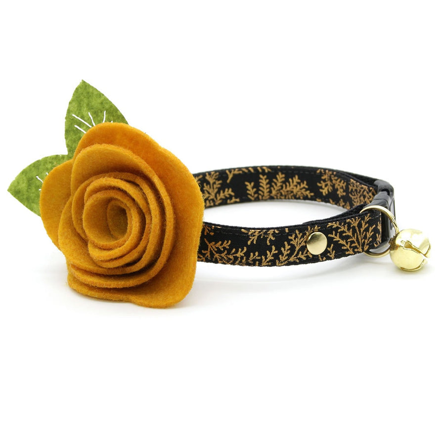 Cat Collar + Flower Set - "Black Forest" - Gold & Black Cat Collar w/ Mustard Felt Flower (Detachable)