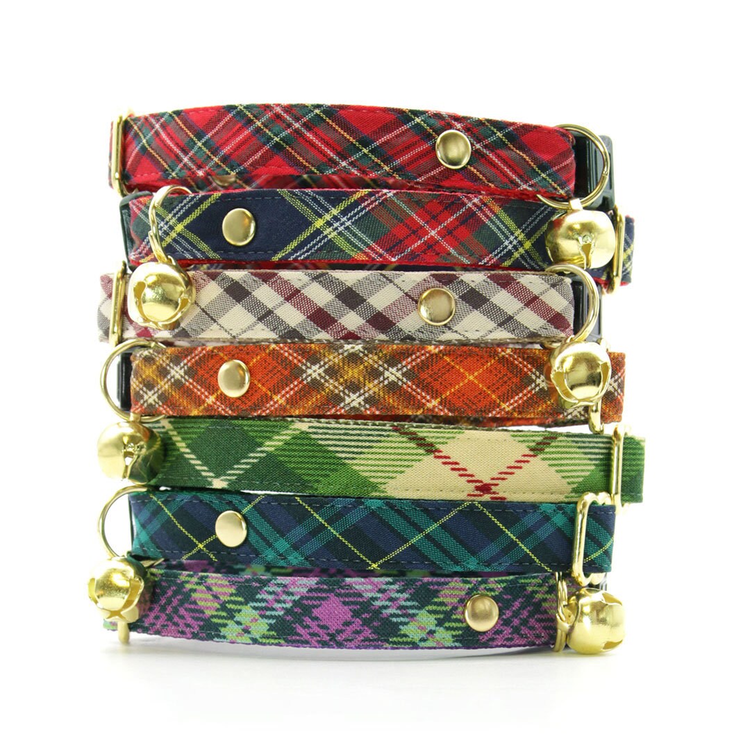 Bow Tie Cat Collar Set - "Newberry" - Beige Tan Plaid Cat Collar w/ Matching Bowtie / Cat, Kitten, Small Dog Sizes