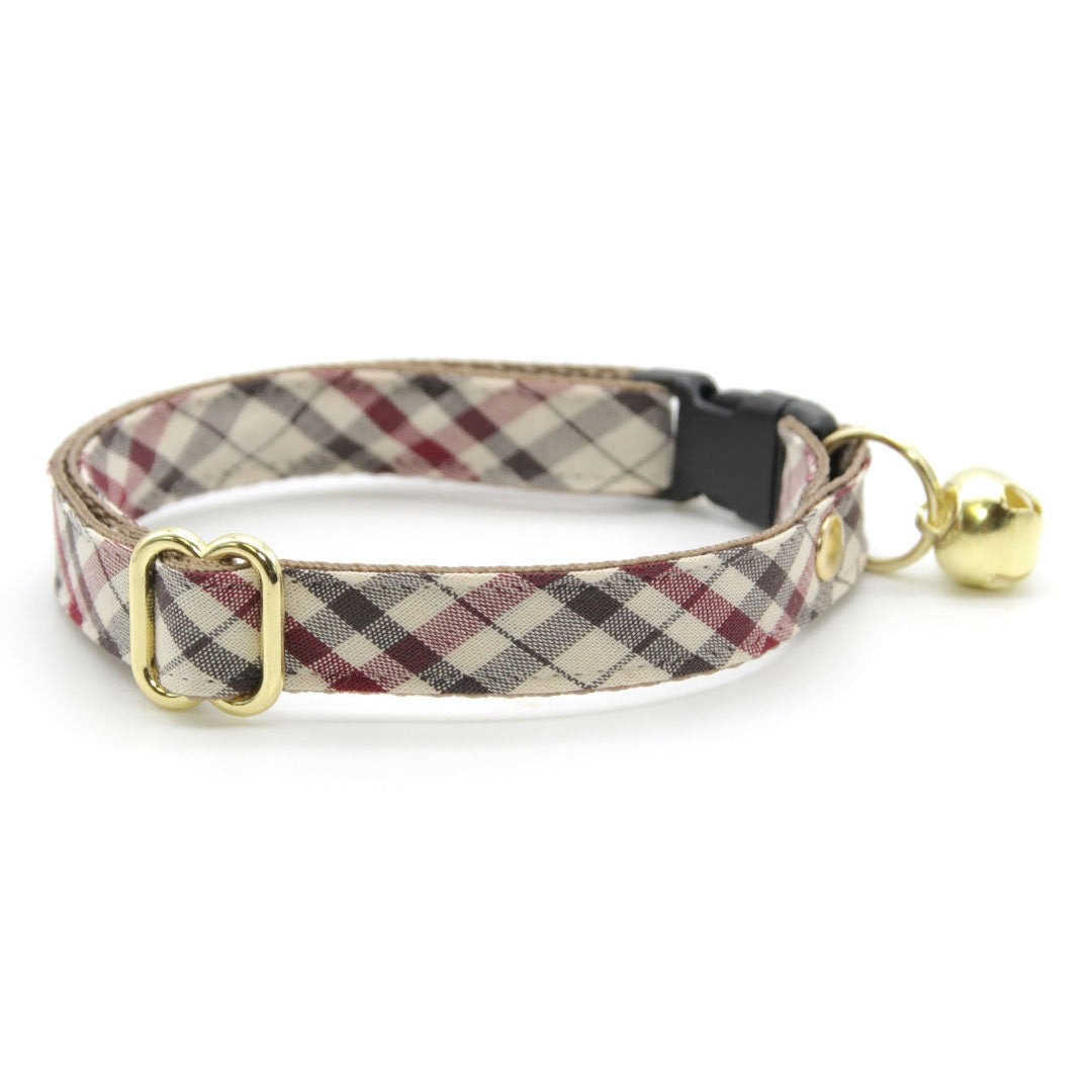 Cat Collar - "Newberry" - Beige Tan Plaid Cat Collar / Breakaway Buckle or Non-Breakaway / Cat, Kitten + Small Dog Sizes