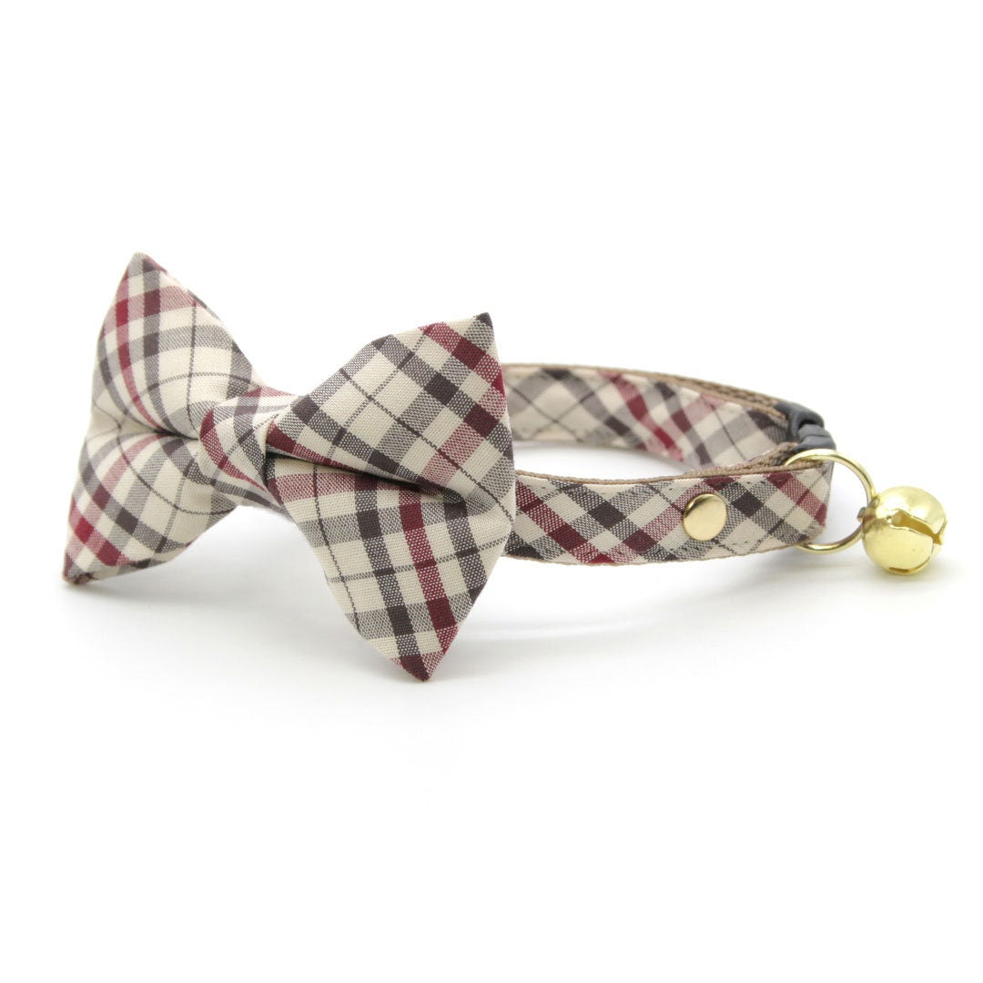 Cat Collar - "Newberry" - Beige Tan Plaid Cat Collar / Breakaway Buckle or Non-Breakaway / Cat, Kitten + Small Dog Sizes