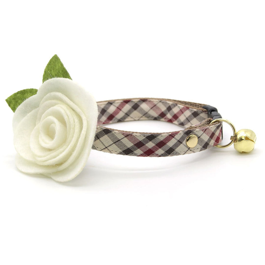 Cat Collar + Flower Set - "Newberry" - Beige Tan Plaid Cat Collar w/ Ivory Felt Flower (Detachable)