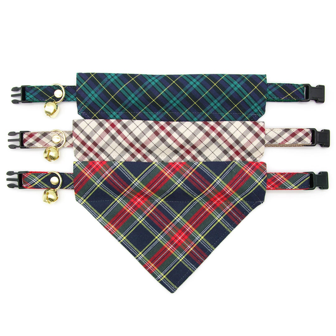Pet Bandana - "Newberry" - Beige Tan Plaid Bandana for Cat + Small Dog / Slide-on Bandana / Over-the-Collar (One Size)