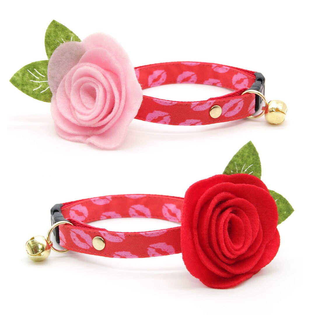 Cat Collar - "Pucker Up" - Red Valentine's Day Cat Collar / Lipstick Kisses / Breakaway Buckle or Non-Breakaway / Cat, Kitten + Small Dog Sizes