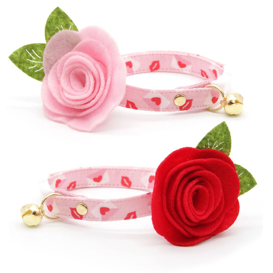 Cat Collar - "Sealed With A Kiss" - Pink Valentine's Day Cat Collar / Love Letter, Heart Mail / Breakaway Buckle or Non-Breakaway / Cat, Kitten + Small Dog Sizes