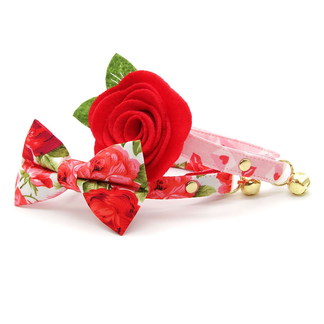 Pet Bow Tie - "Roses" - Red Rose Cat Bow Tie / Valentine's Day, Wedding, Floral / For Cats + Small Dogs (One Size)