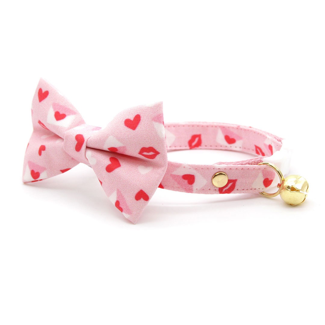 Bow Tie Cat Collar Set - "Sealed With A Kiss" - Pink Valentine's Day Cat Collar w/ Matching Bowtie / Love Letter Heart Mail / Cat, Kitten, Small Dog Sizes