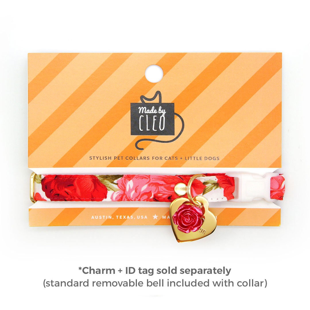 Cat Collar + Flower Set - "Roses" - Red Rose Cat Collar w/ Scarlet Red Felt Flower (Detachable)