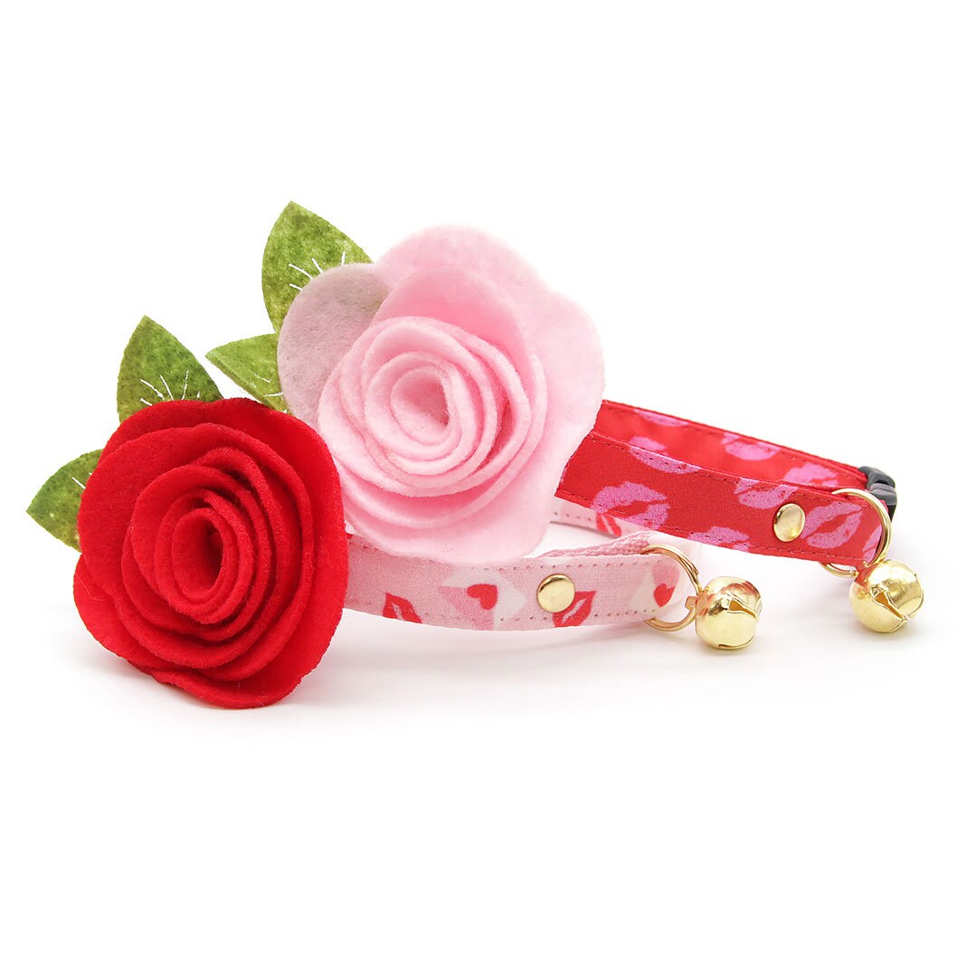 Cat Collar + Flower Set - "Pucker Up" - Lipstick Kiss Valentine's Day Cat Collar w/ Baby Pink Felt Flower (Detachable)