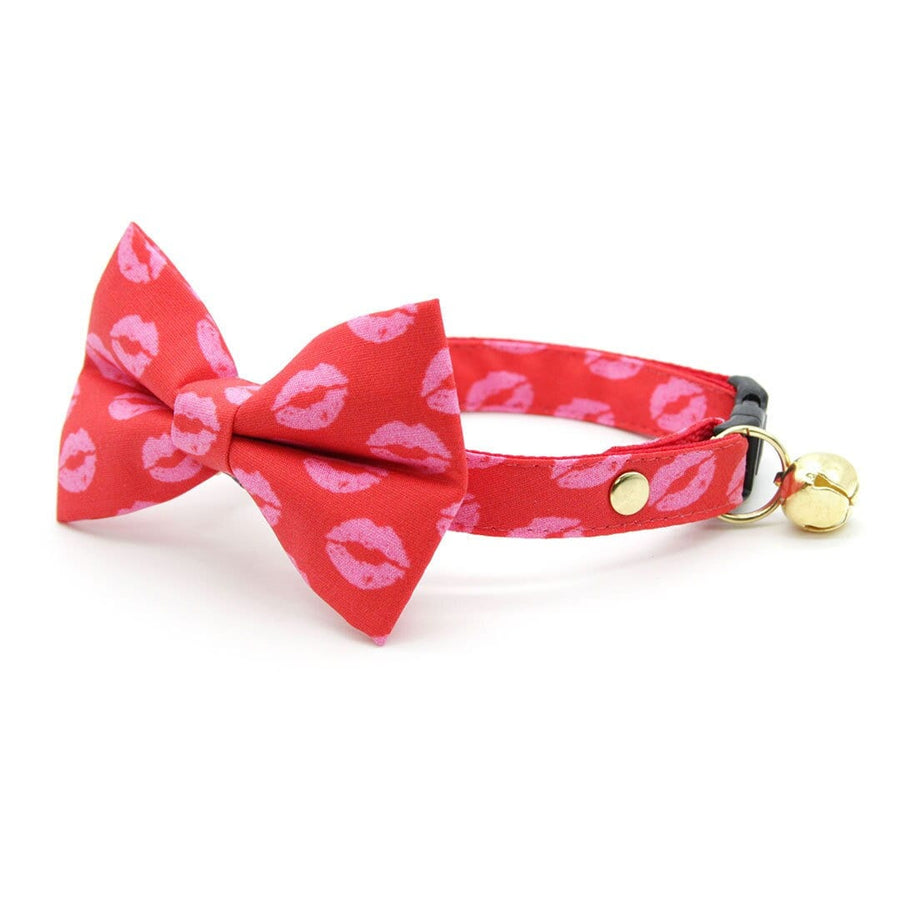 Bow Tie Cat Collar Set - "Pucker Up" - Red Valentine's Day Cat Collar w/ Matching Bowtie / Lipstick Kisses / Cat, Kitten, Small Dog Sizes