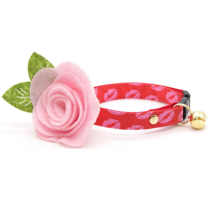 Cat Collar + Flower Set - "Pucker Up" - Lipstick Kiss Valentine's Day Cat Collar w/ Baby Pink Felt Flower (Detachable)